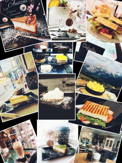 Une collage avec de délicieux plats et boissons, incluant des gâteaux, des sandwichs et diverses boissons. Les images montrent une atmosphère de café accueillante.