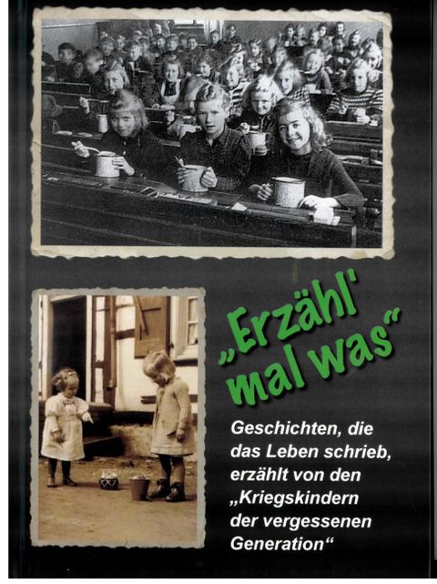 Zwei historische Fotos, die Kinder während des Krieges zeigen. Der obere Teil zeigt Kinder in einem Klassenzimmer, der untere Teil ein Mädchen in einem Raum.