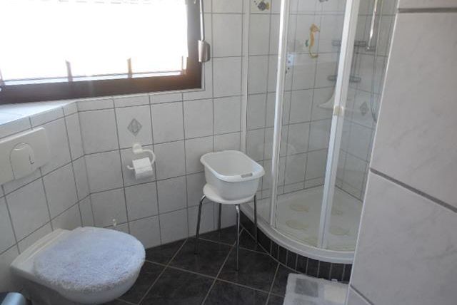 Une salle de bain moderne avec une douche, un WC et un lavabo. Les murs sont carrelés et il y a beaucoup de lumière naturelle.