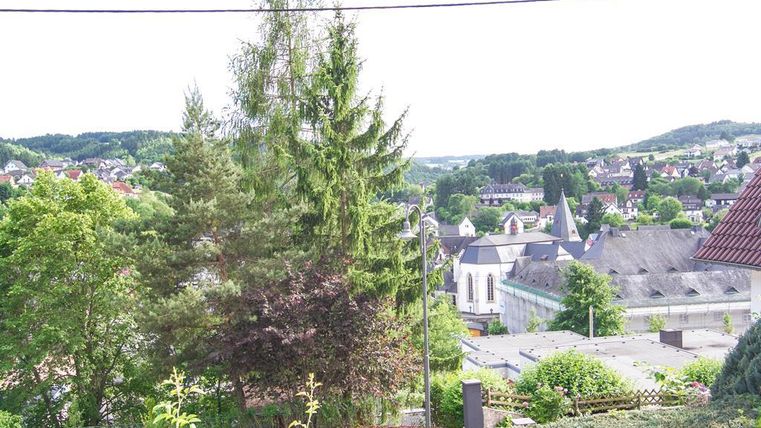 A green landscape with trees and houses in the distance. Gentle hills stretch out in the background.