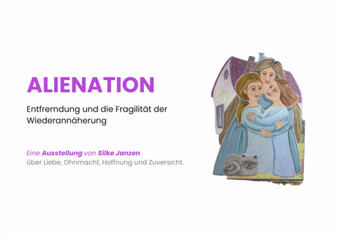 Eine farbenfrohe Einladung zur Vernissage einer Kunstausstellung. Das Bild zeigt drei Frauen, die sich umarmen, vor einem Haus mit einer grauen Katze.