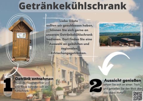 A beverage refrigerator in front of a building that looks inviting.
Guests are invited to take a cold drink and enjoy the view.