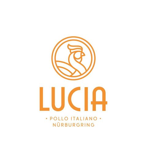 Een eenvoudig en modern logo met de naam "LUCIÁ". Het toont een gestileerde weergave van een kip en staat voor Italiaans kippeneten aan de Nürburgring.