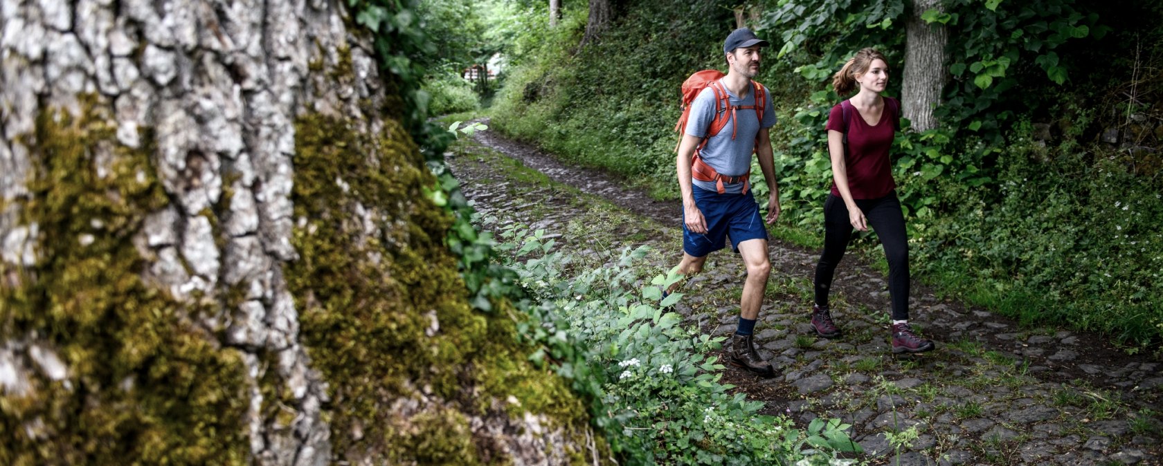 Zwei Wanderer auf einem gr&uuml;nen Waldweg, umgeben von B&auml;umen und Pflanzen. Einer tr&auml;gt einen orangefarbenen Rucksack., &copy; TI Hocheifel-N&uuml;rburgring&copy;Christopher Pfromm,