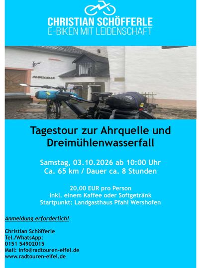 Eine Einladung zu einer E-Bike-Tour zur Ahrquelle und dem Dreimühlenwasserfall. Die Veranstaltung findet am 03. Oktober 2026 statt und dauert etwa 8 Stunden.