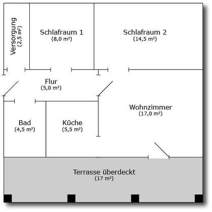 Un plan de maison avec différentes pièces. On y voit une chambre, un salon, une cuisine, une salle de bain et une terrasse couverte.