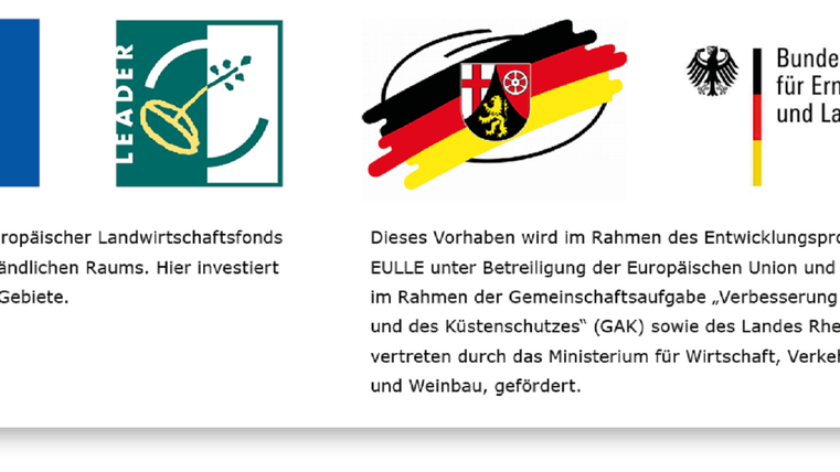 Das Bild zeigt die Logos der Europäischen Union, des LEADER-Programms und des Bundesministeriums für Ernährung und Landwirtschaft. Es handelt sich um eine Darstellung zur Förderung ländlicher Entwicklung in Deutschland.