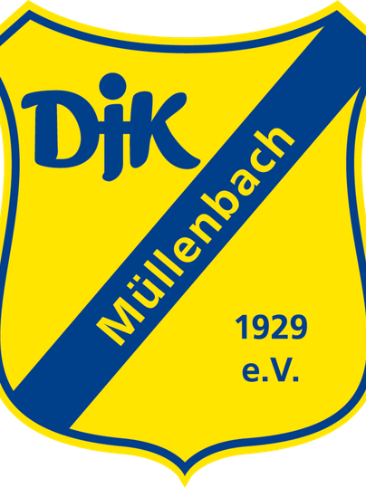 Ein Wappen des DJK Müllenbach in Gelb und Blau. Das Jahr 1929 und die Vereinsbezeichnung sind ebenfalls enthalten.