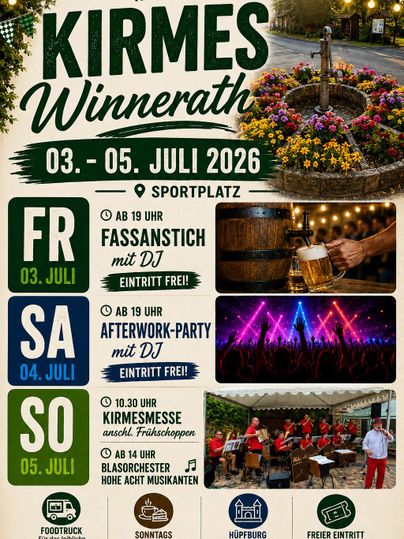 A poster for the fair in Winnerath from July 4 to July 6, 2025. It shows various events and times, including live music and a keg tapping.