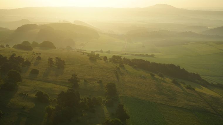 Eine sanfte Hügellandschaft bei Sonnenaufgang. Der Himmel ist hell und die Landschaft ist von Nebel umhüllt.