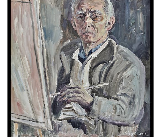 Selbstportr&auml;t von Kurt Gratzel, 1981. Ein &auml;lterer Mann mit Brille sitzt vor einer Staffelei. Gedenken an den Eifelmaler zum 100. Geburtstag., &copy; Verein f&uuml;r Heimatpflege Adenau e.V. | Kurt Gratzel