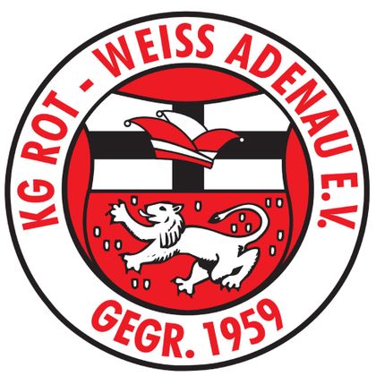 Ein runder Vereinswappen in Rot und Weiß. Im Zentrum ist ein Löwe abgebildet, umgeben von dem Schriftzug „KG ROT - WEISS ADENAU E.V. GEGR. 1959“.